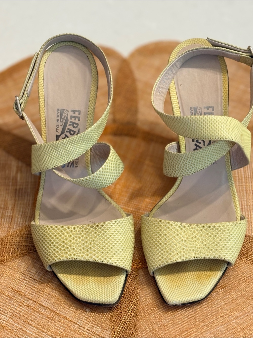 Salvatore Ferragamo Pale Yellow Textured Crisscross Strap Sandals